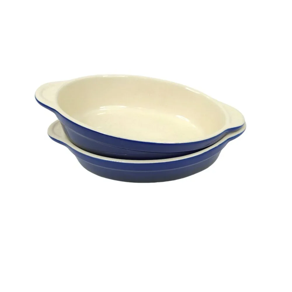 Denby Au Gratin Baking Dishes 2 Individual Oval Bakers 9x5 Blue Cream Stoneware